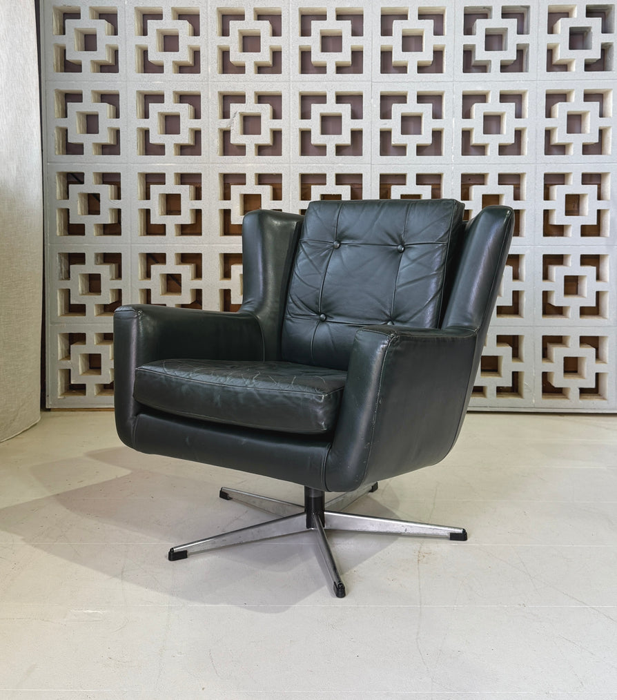 Danish Swivel Lounge Chair in Green Leather