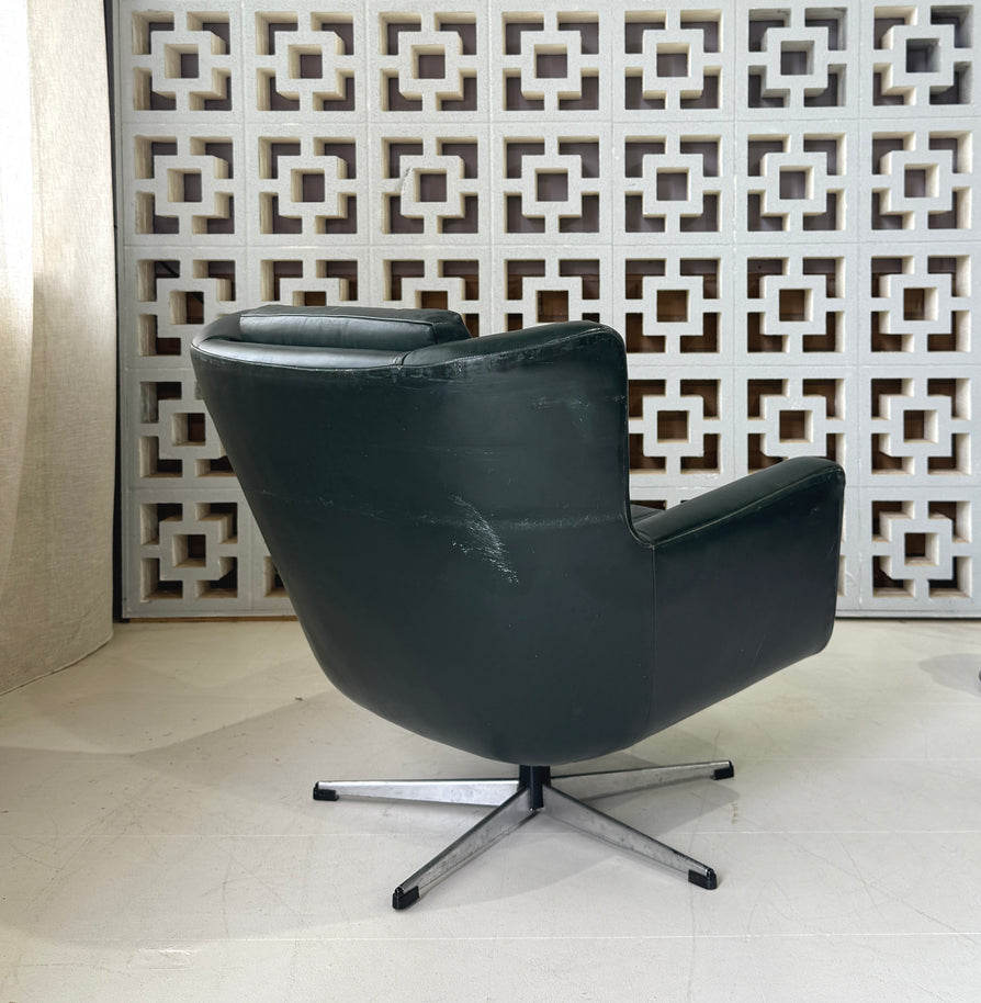 Danish Swivel Lounge Chair in Green Leather