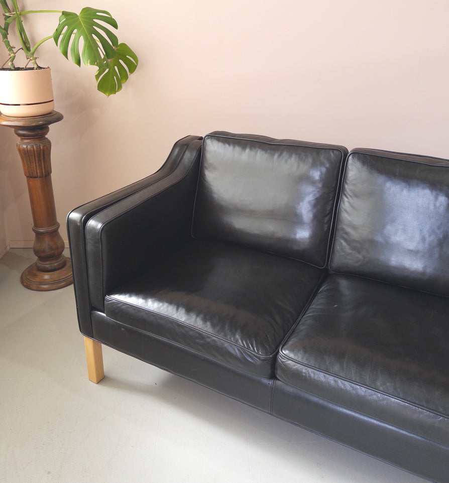 Danish Three Seater Sofa in Black Leather