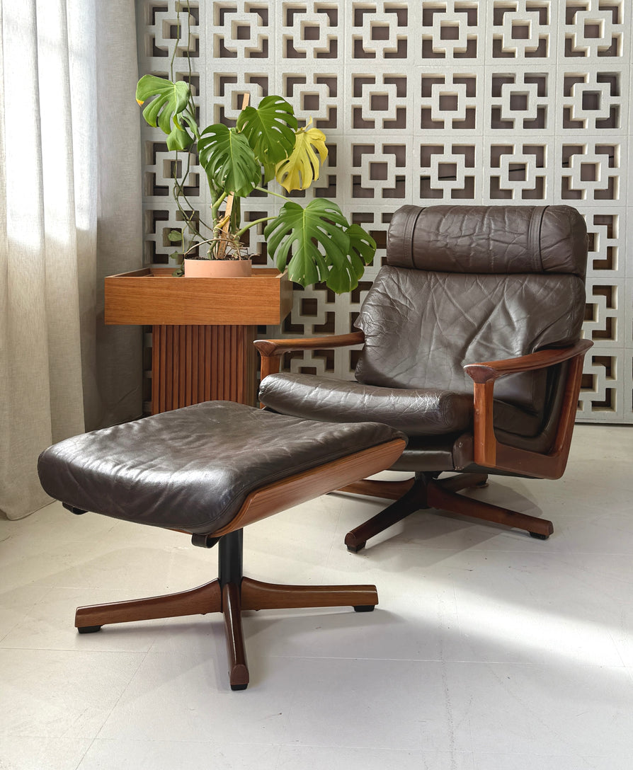 Tessa T21 Swivel Lounge Chair & Footstool in Brown Leather