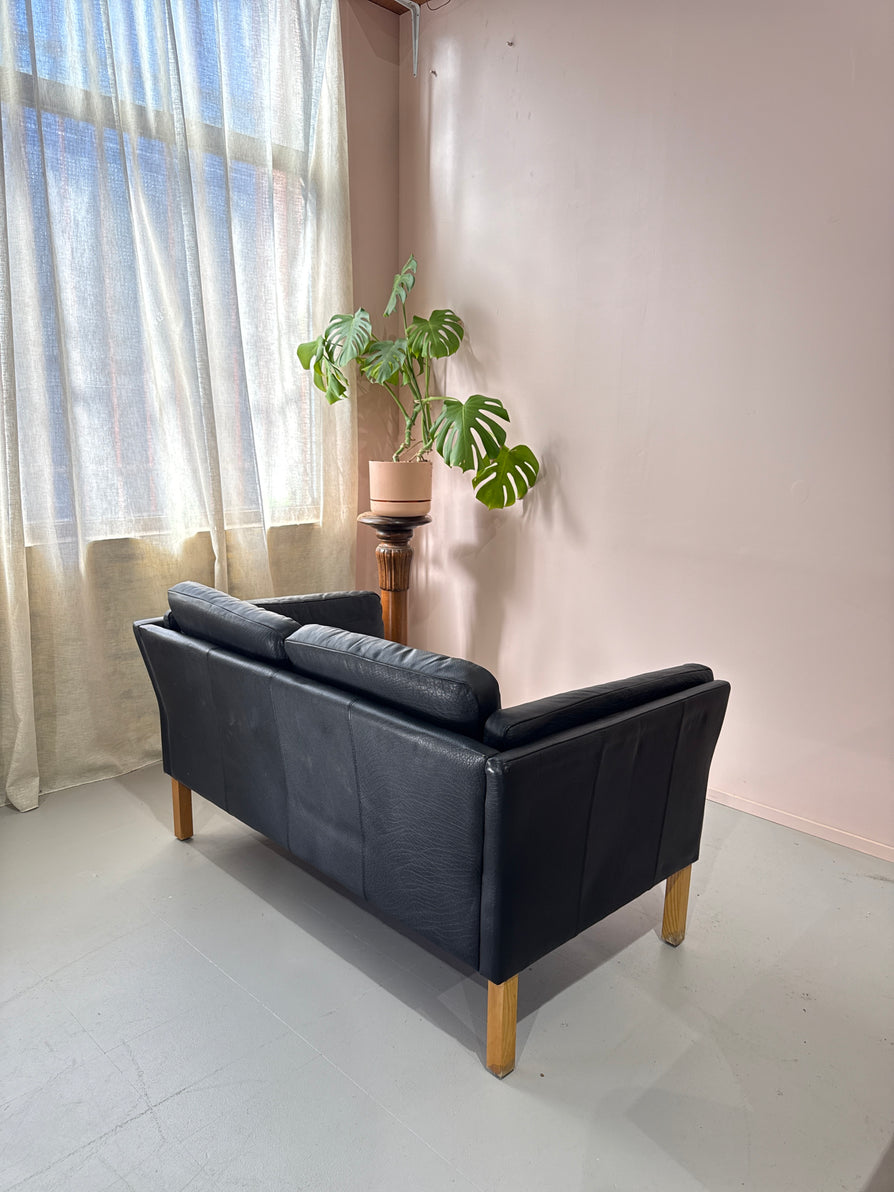 Danish Two Seater Sofa in Black Leather