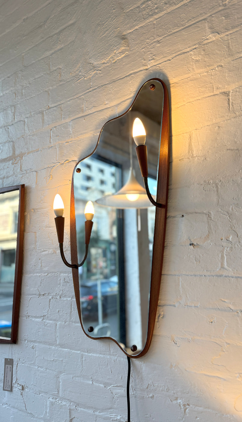 Danish Asymmetrical Mirror with Sconce Lamps