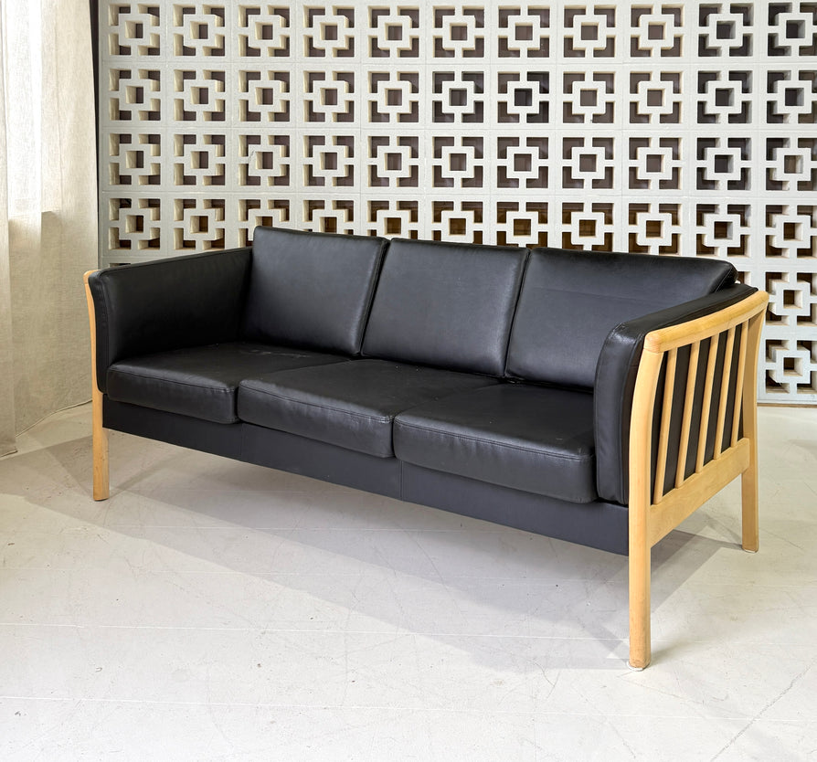 Danish Three-Seater Sofa in Black Leather