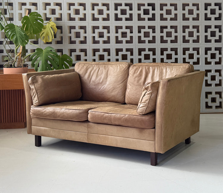 Danish Two Seater Sofa in a Mushroom Tone Leather