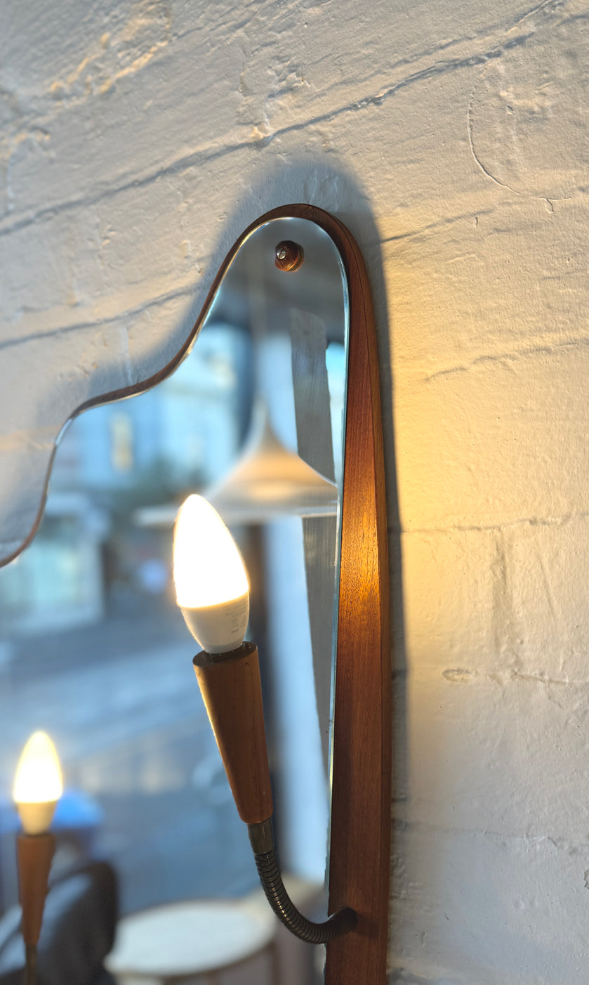 Danish Asymmetrical Mirror with Sconce Lamps