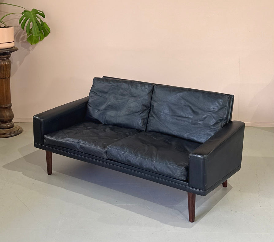 Danish Low-Profile Two-Seater Sofa in Black Leather