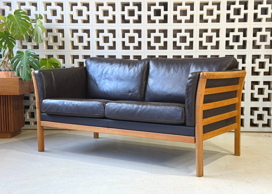 Danish Convertible Two Seater Sofa in Leather & Oak