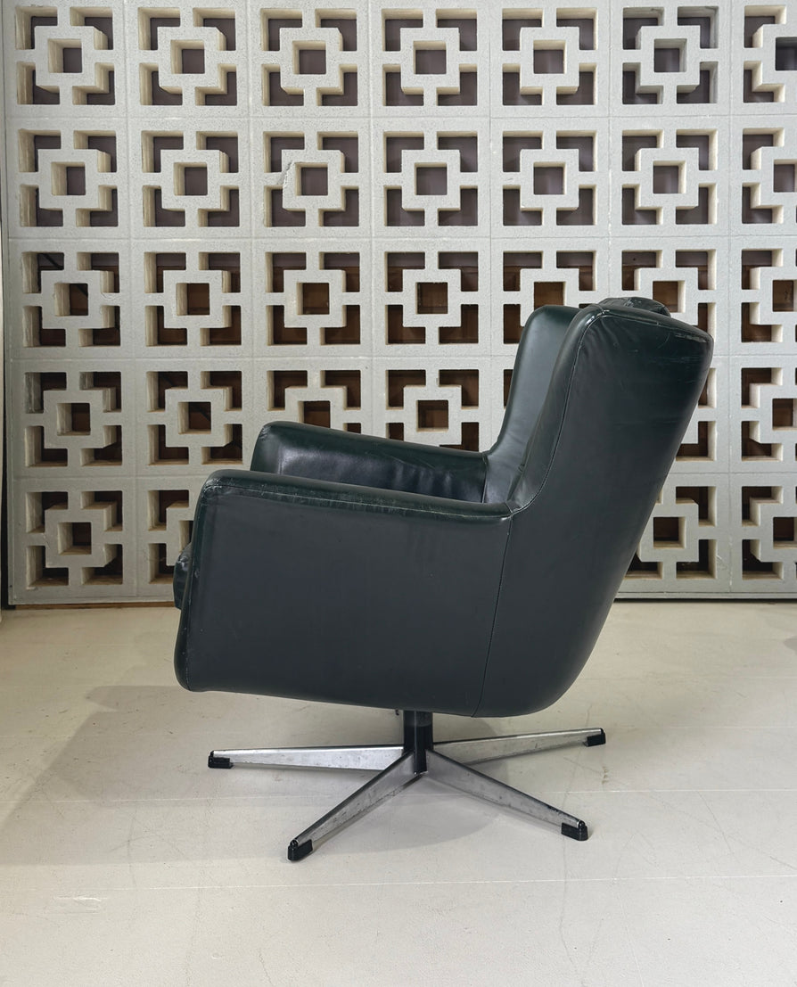 Danish Swivel Lounge Chair in Green Leather