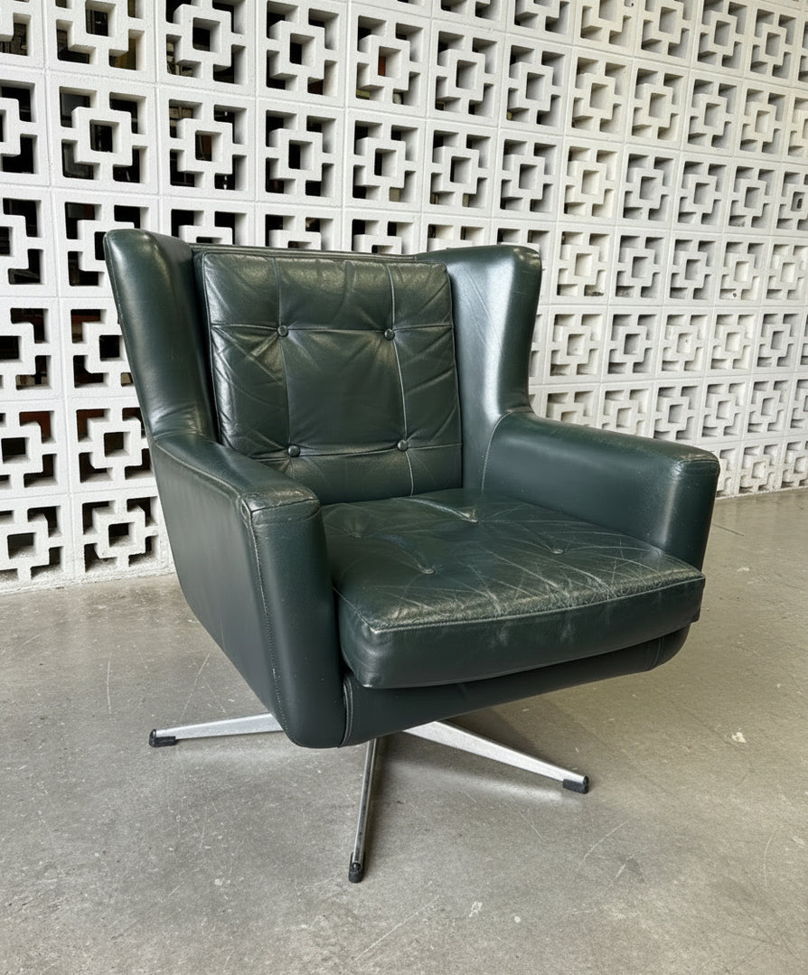 Danish Swivel Lounge Chair in Green Leather