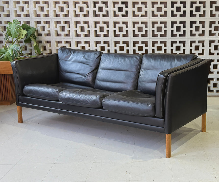 Danish Three Seater Sofa in Black Leather