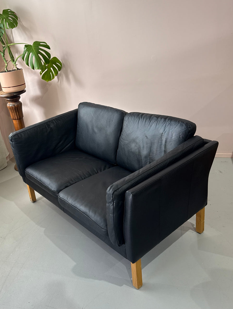Danish Two Seater Sofa in Black Leather