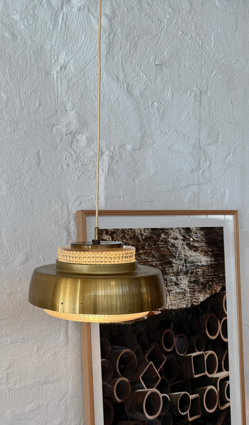 Orrefors Pendant in Brass & Cut Glass