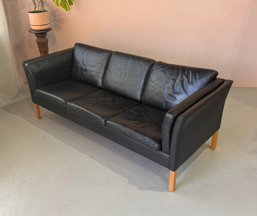 Danish Three Seater Sofa in Black Leather