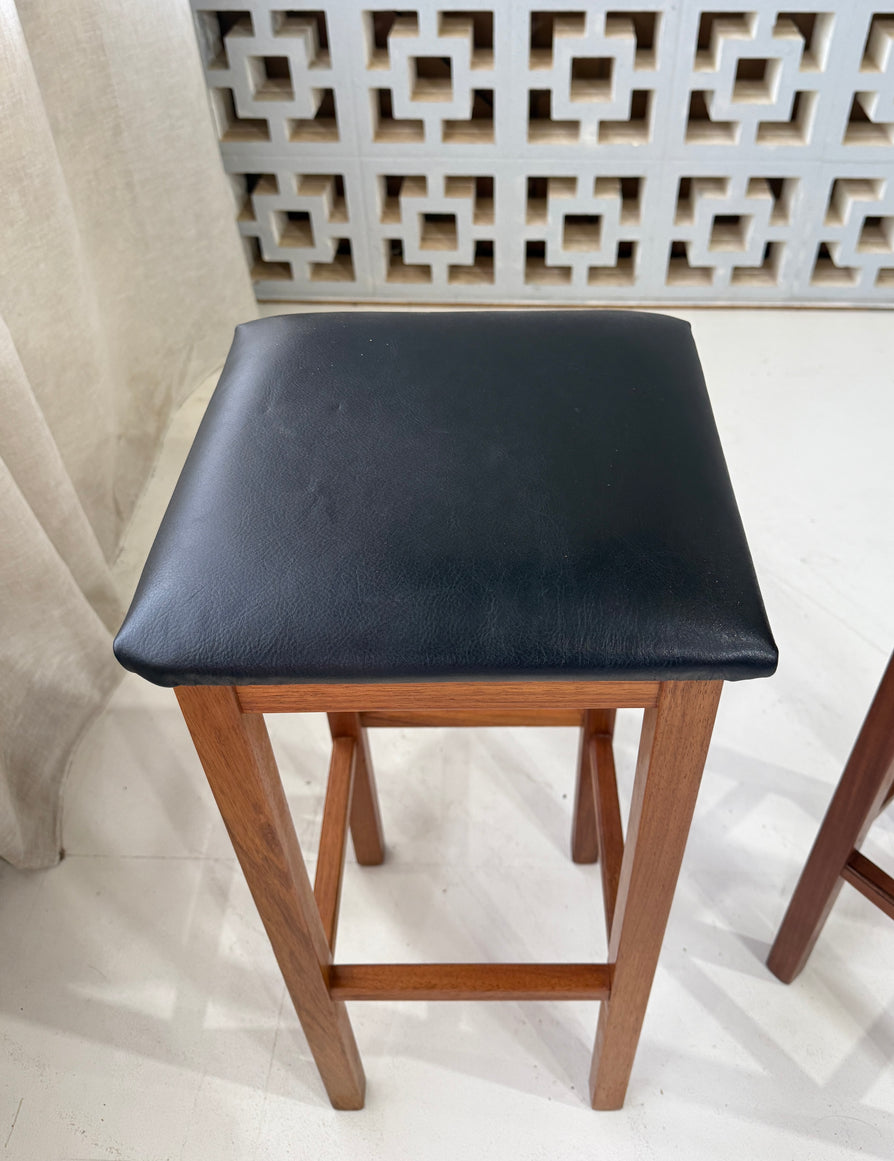 Pair of Mid-Century Barstools with Original Black Leather