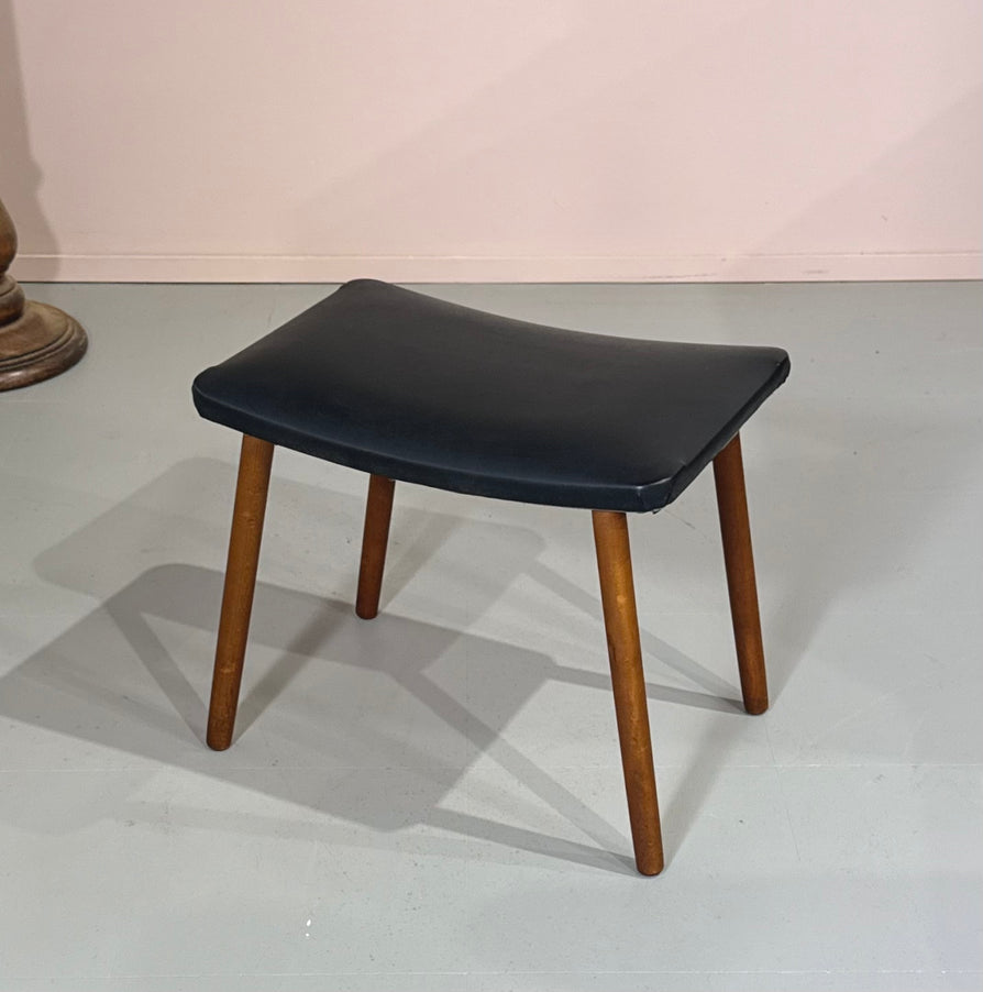 Danish Footstool in Black Vinyl and on Teak Legs