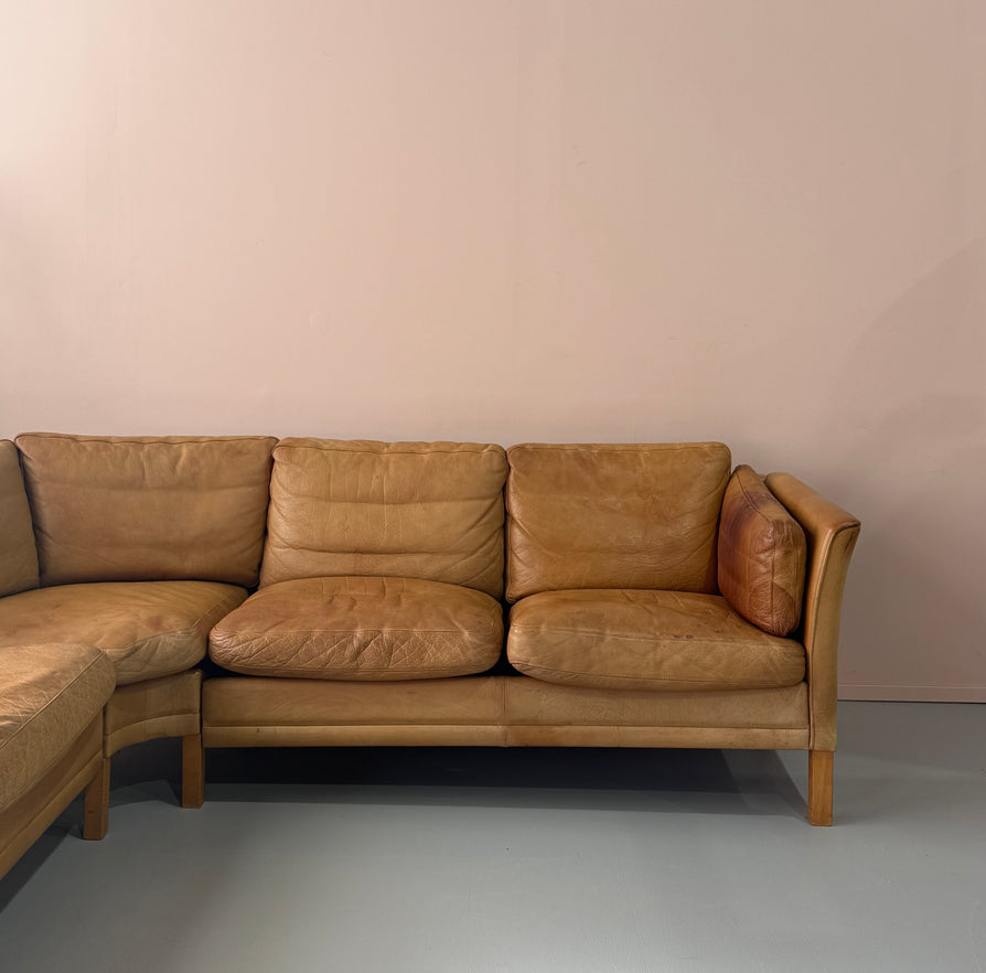 Danish Corner Sofa in Oak & Tan Leather