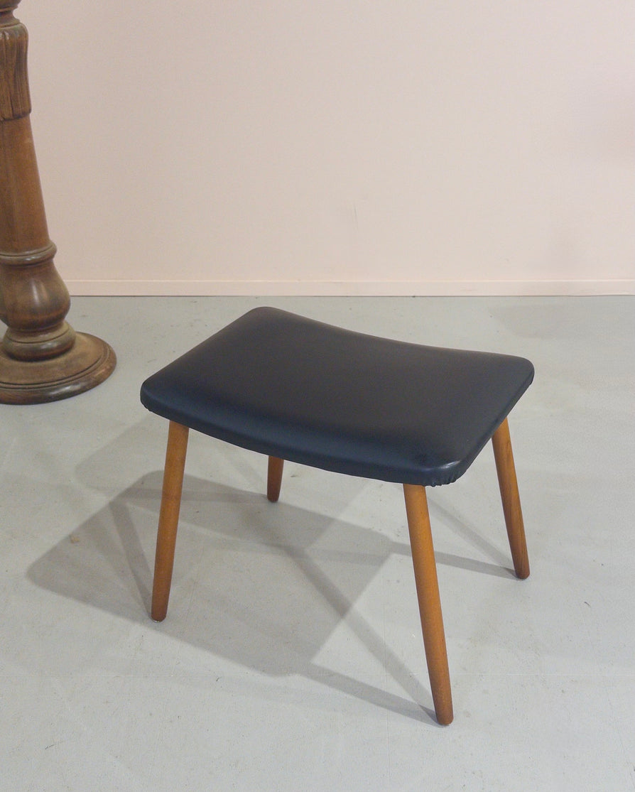 Danish Footstool in Black Vinyl and on Teak Legs