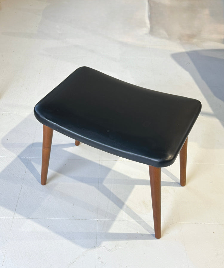 Danish Footstool in Black Vinyl and on Teak Legs