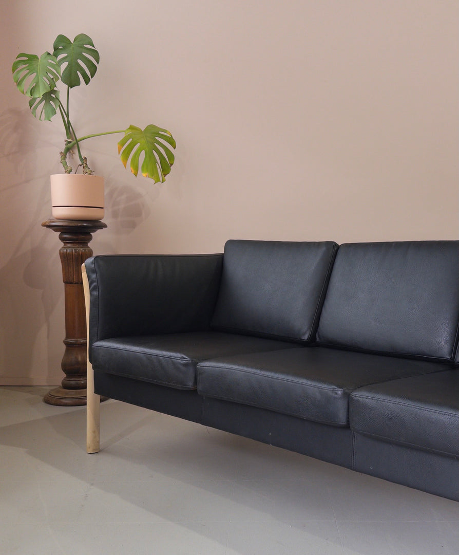 Danish Three Seater Sofa in Black Leather