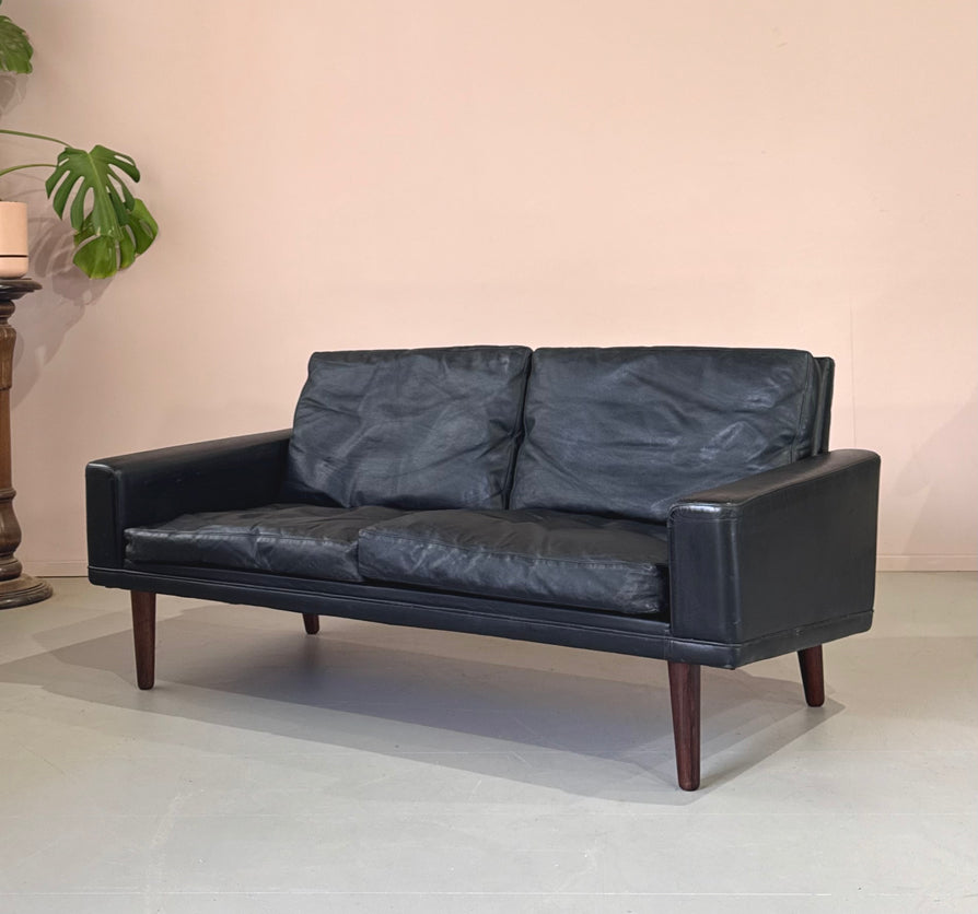 Danish Low-Profile Two-Seater Sofa in Black Leather