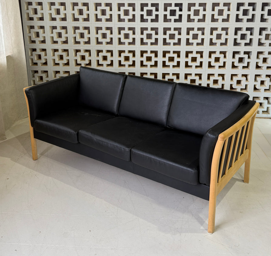Danish Three-Seater Sofa in Black Leather