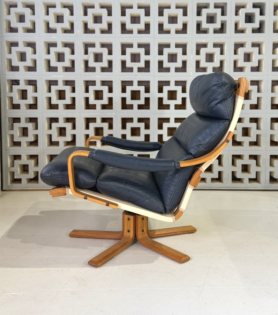 Tessa Stockholm Swivel Lounge Chair & Footstool in Blue Leather