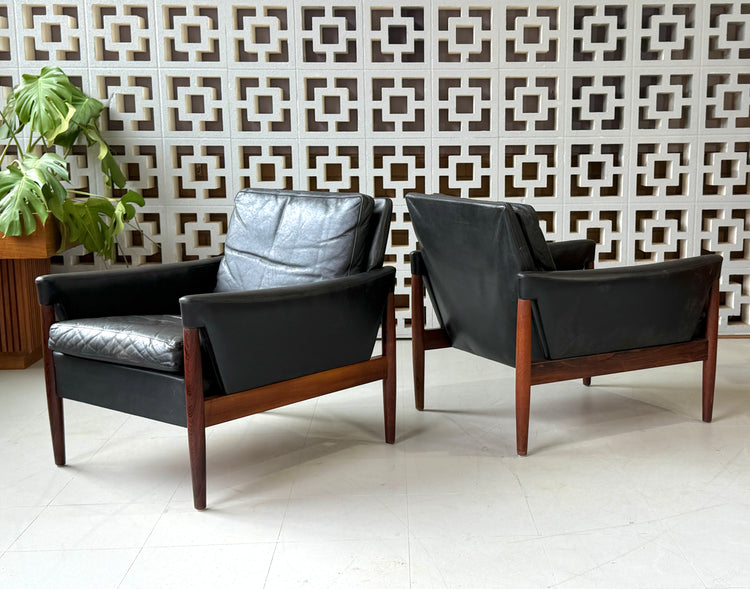 Pair of Danish Lounge Chairs in Black Leather