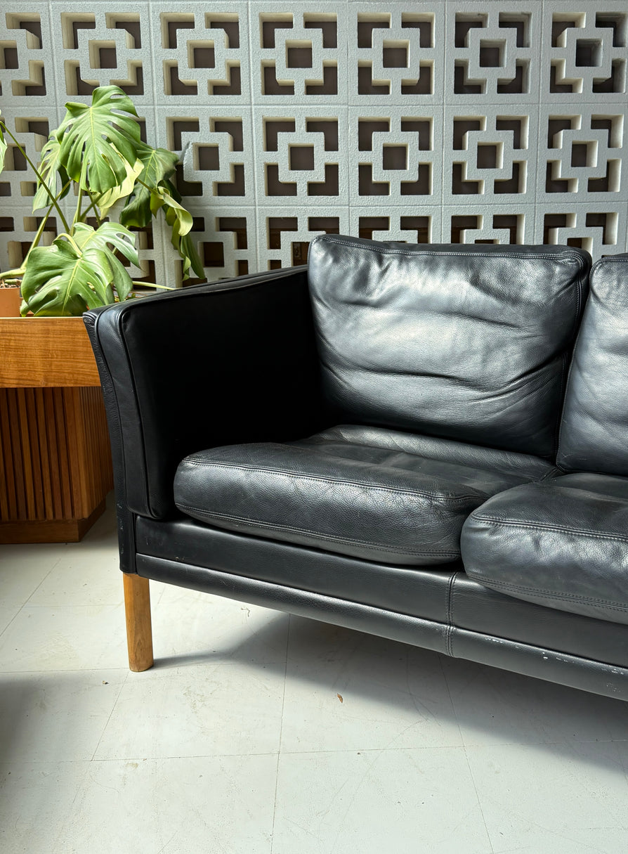 Danish Three Seater Sofa in Black Leather