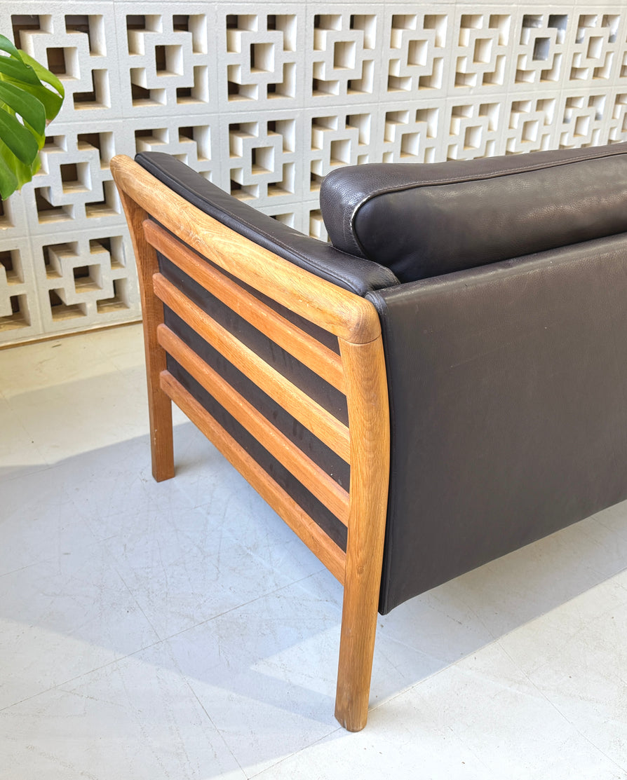 Danish Convertible Two Seater Sofa in Leather & Oak