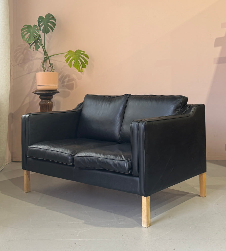 Danish Two Seater Sofa in Black Leather
