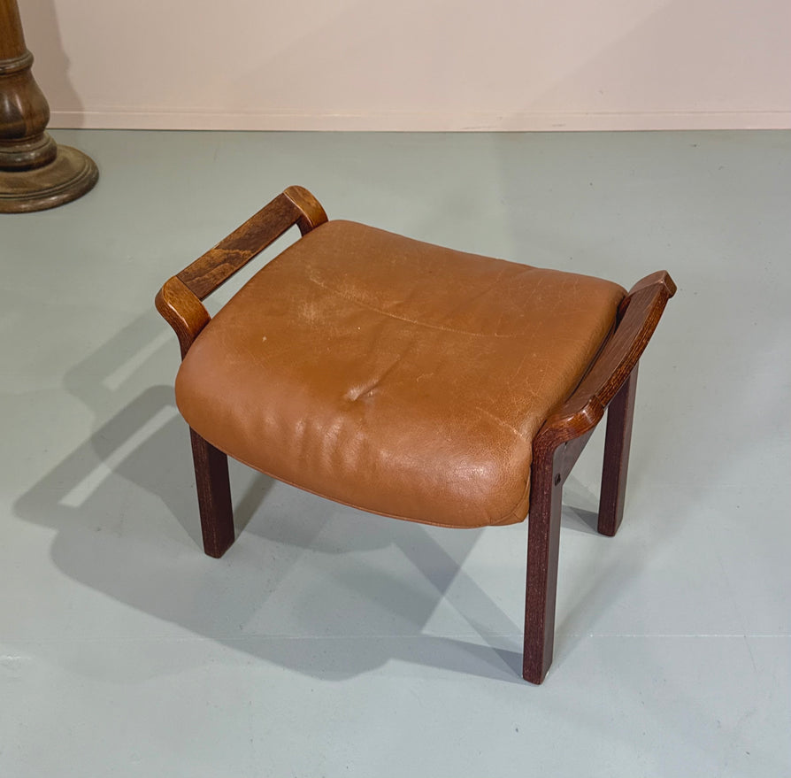 Mid-Century Footstool in Tan Leather