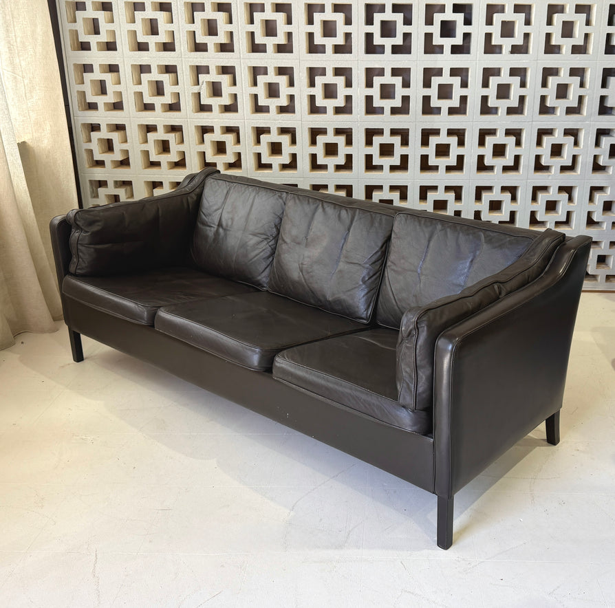 Danish Three-Seater Sofa in Dark Brown Leather