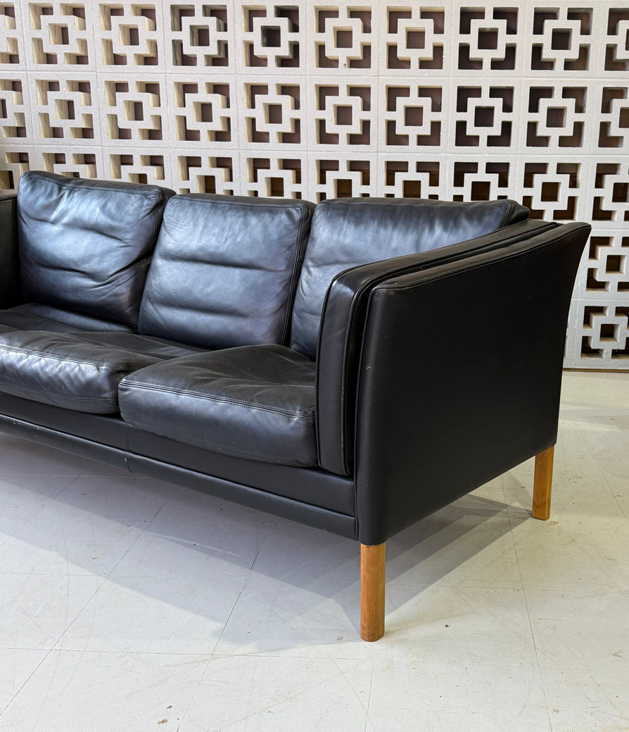 Danish Three Seater Sofa in Black Leather