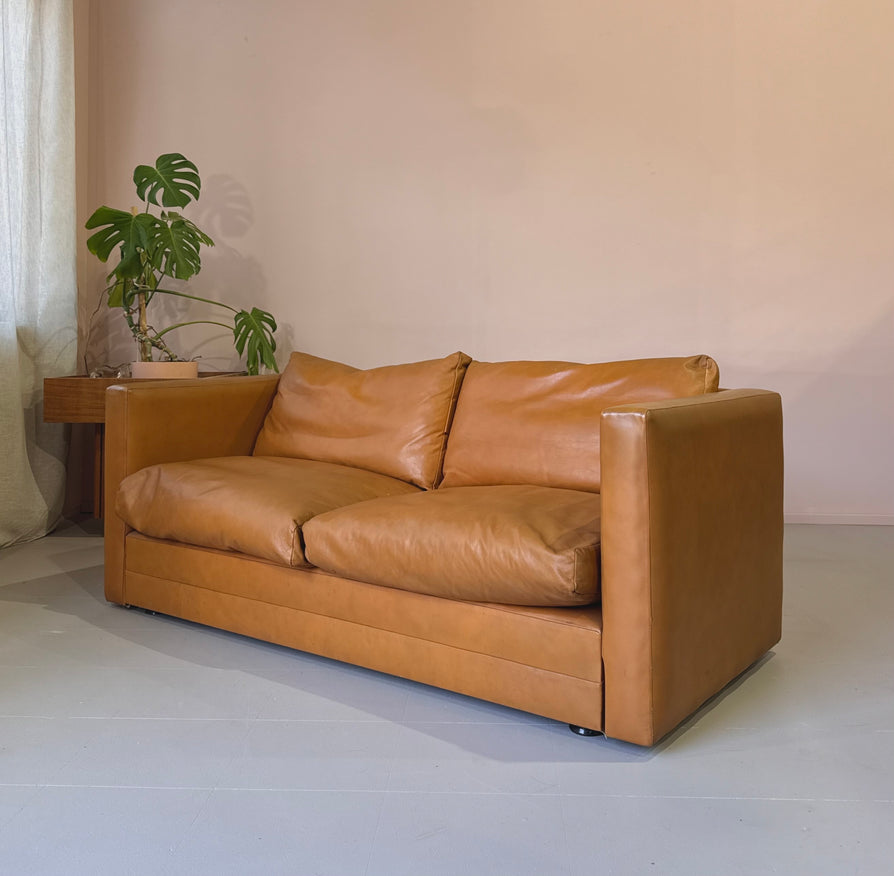1970s Two Seater Sofa in Tan Leather