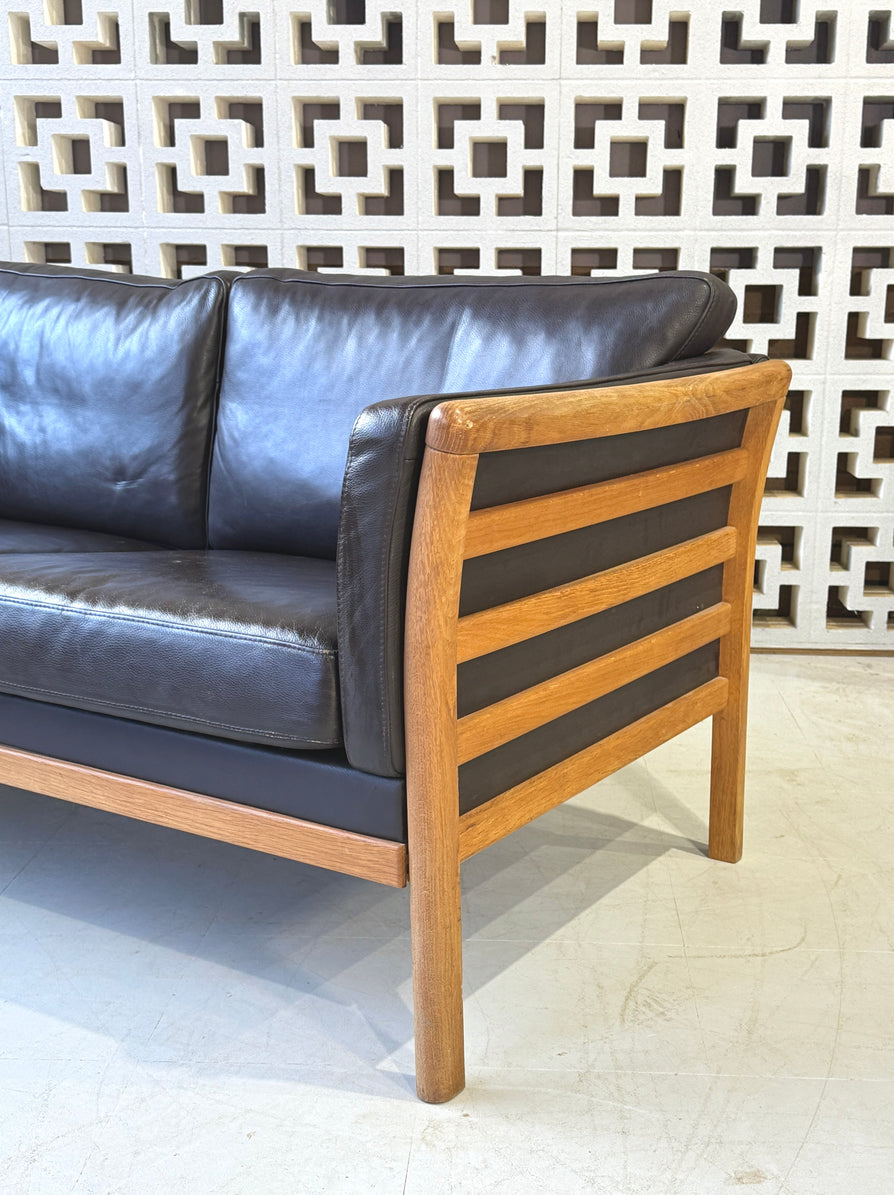 Danish Convertible Two Seater Sofa in Leather & Oak