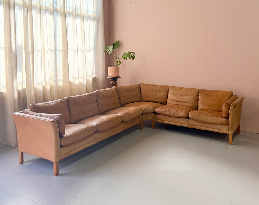 Danish Corner Sofa in Oak & Tan Leather