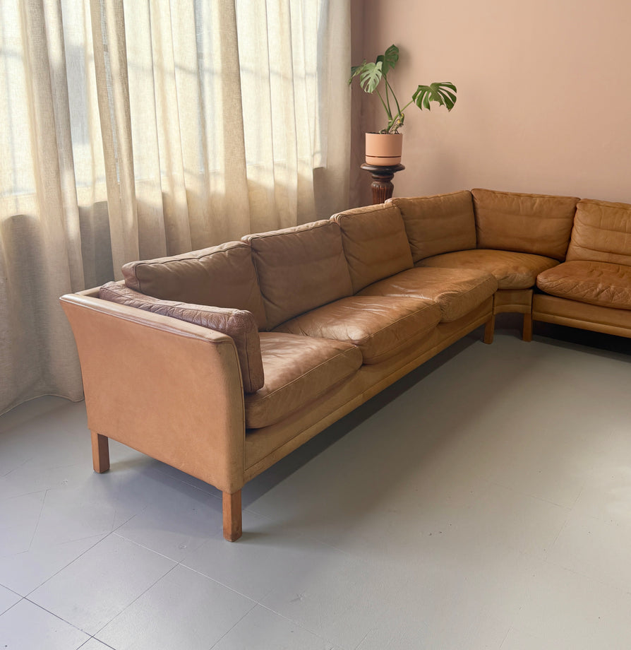 Danish Corner Sofa in Oak & Tan Leather