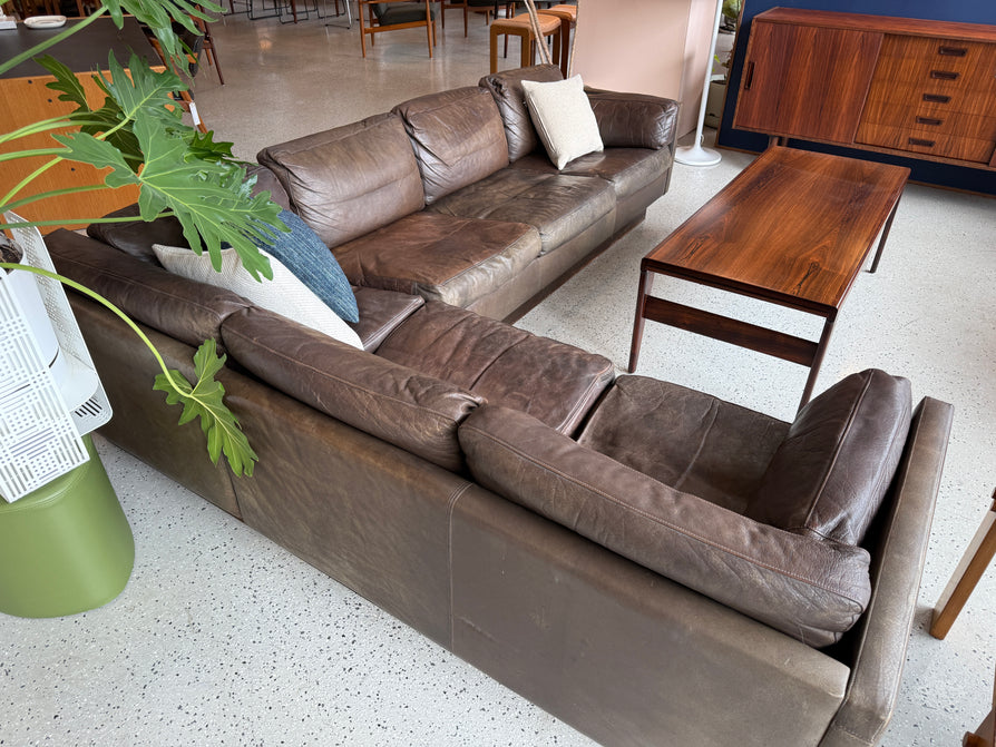 1970s Danish Corner Sofa in Brown Leather