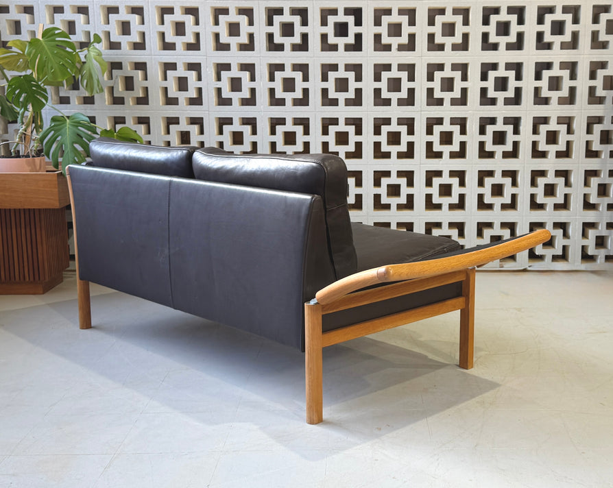 Danish Convertible Two Seater Sofa in Leather & Oak