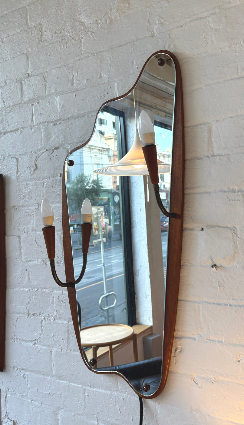 Danish Asymmetrical Mirror with Sconce Lamps