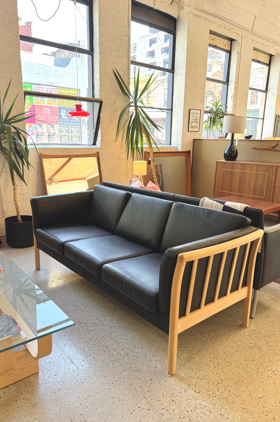 Danish Three-Seater Sofa in Black Leather