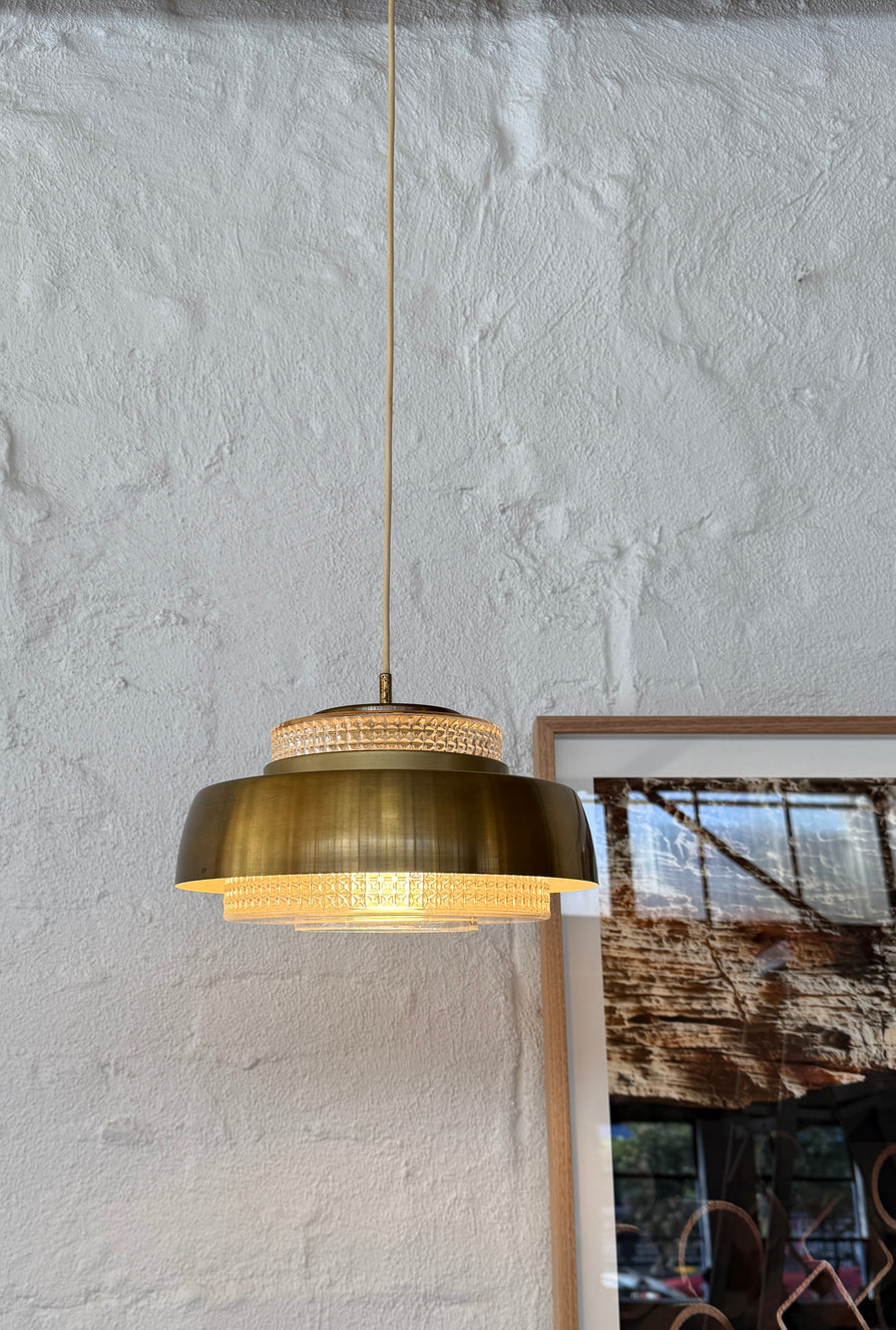 Orrefors Pendant in Brass & Cut Glass