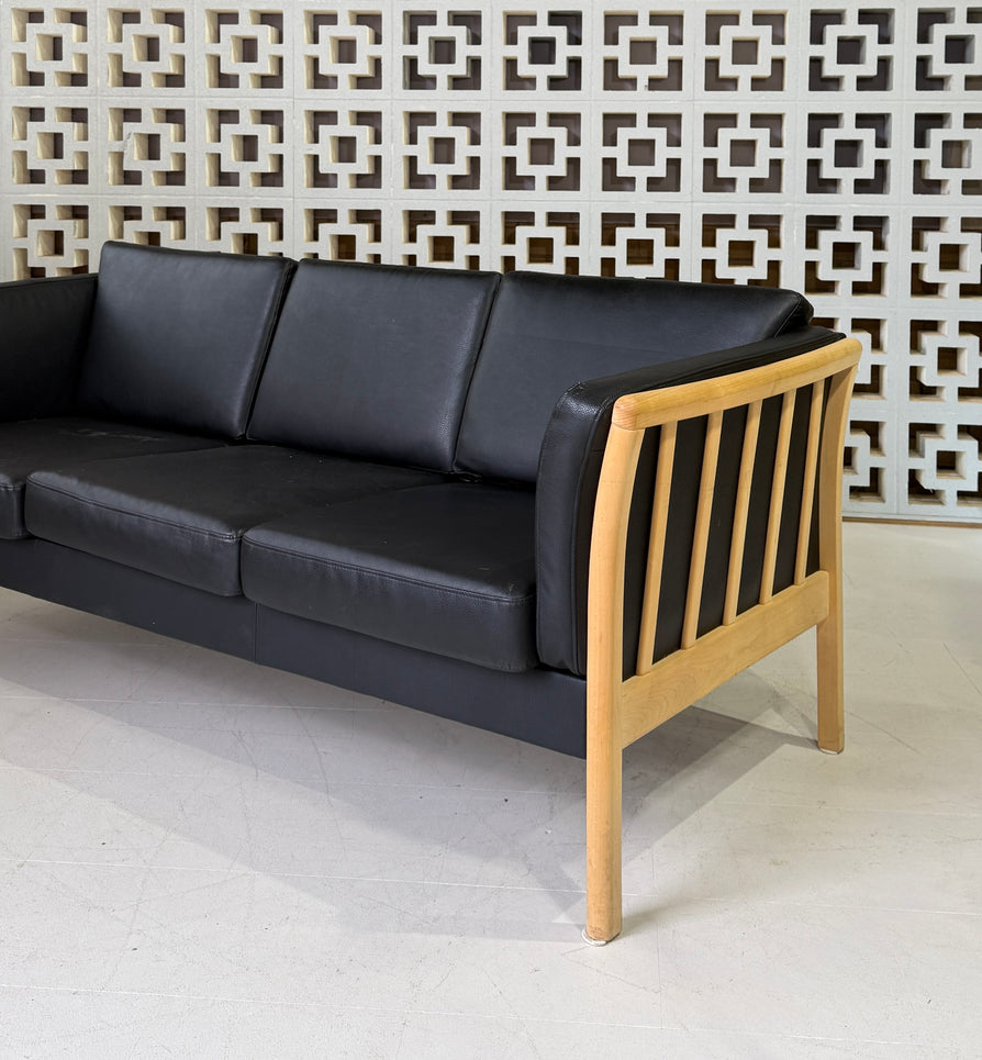 Danish Three-Seater Sofa in Black Leather