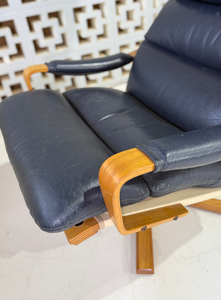 Tessa Stockholm Swivel Lounge Chair & Footstool in Blue Leather