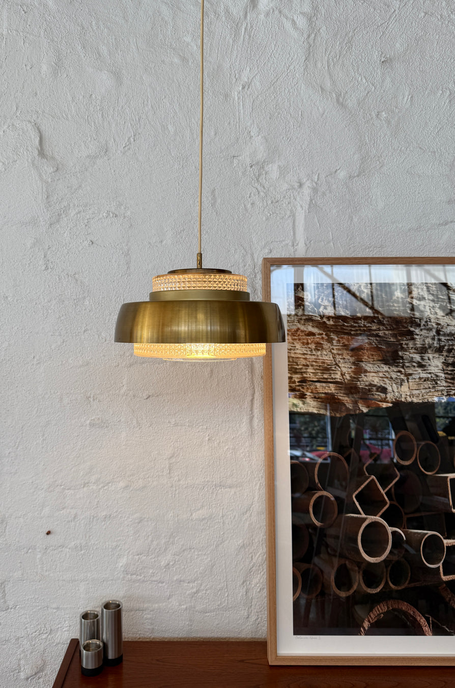 Orrefors Pendant in Brass & Cut Glass