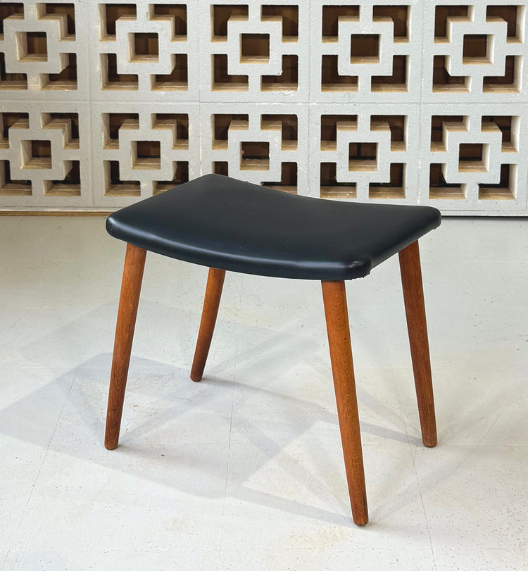 Danish Footstool in Black Vinyl and on Teak Legs