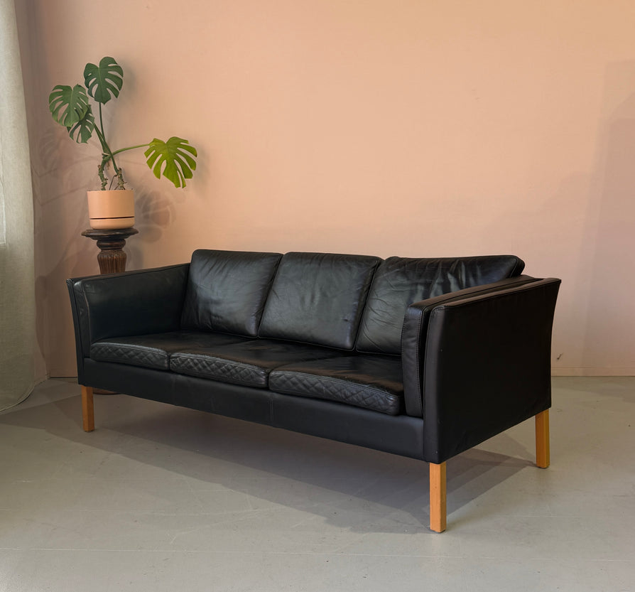 Danish Three Seater Sofa in Black Leather