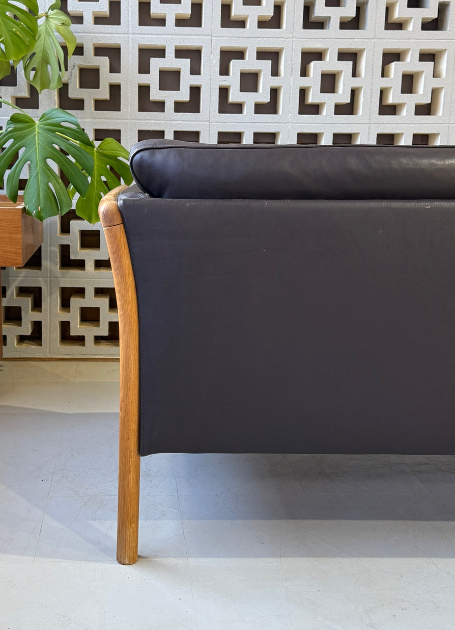 Danish Convertible Two Seater Sofa in Leather & Oak