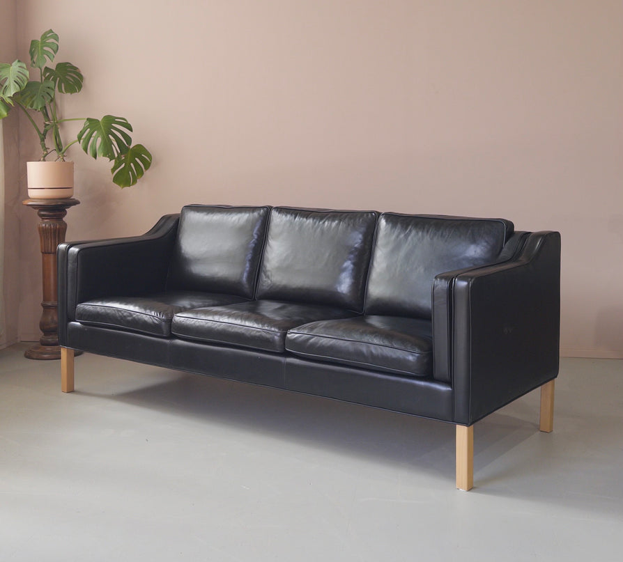 Danish Three Seater Sofa in Black Leather