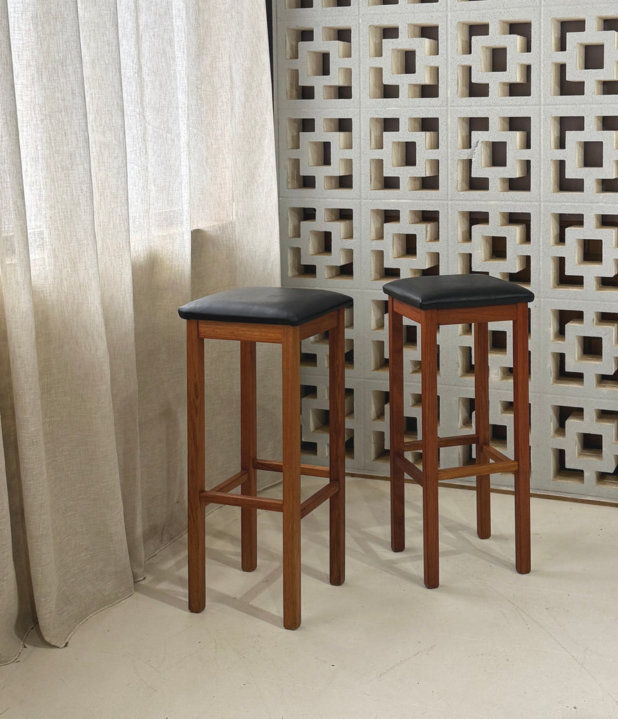 Pair of Mid-Century Barstools with Original Black Leather